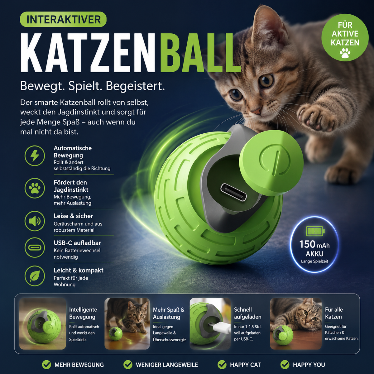 Interactive Electric Cat Ball - Automatic Rolling Toy for Cats & Kittens | USB Rechargeable, Silent & Bite-Resistant